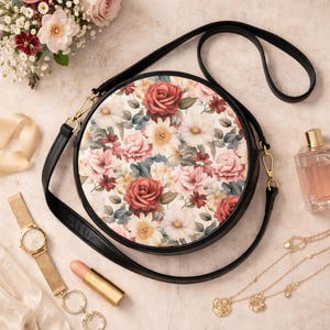 Okrągła torebka typu crossbody ze skóry wegańskiej, wzór w kwiaty, styl vintage, mały rozmiar, regulowany pasek, modny dodatek na ramię