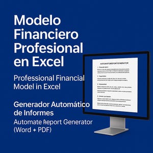 May include: A computer monitor displays a document titled "AUTOMATIOREPORTGENERATOR" against a dark blue background. Text in Spanish and English describes a professional financial model in Excel and an automated report generator.