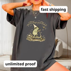 Op de afbeelding: Donkergrijs T-shirt met een grillige illustratie van een kikker op een scooter, met een tovenaars hoed. De tekst op het shirt luidt "Orr to commit mom foolery". Het T-shirt heeft een relaxte pasvorm.