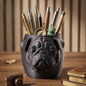 3D Printed Pug Planter – Dog Desk Organizer, Fawn Pug Mom Gift, Office Decor