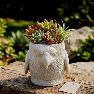 May include: A gray, owl-shaped planter filled with colorful succulents. The planter has a detailed, textured surface and a prominent beak. The succulents are a mix of green, red, and orange hues. A blank tag hangs from the planter.