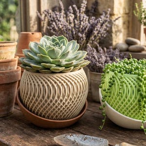 May include: A light green succulent plant in a beige, woven-patterned pot with a matching saucer. Other terracotta pots and lavender plants are in the background. A small trowel rests on the wooden surface.