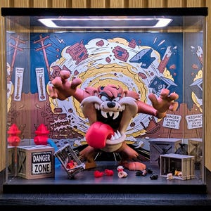 Taz Tasmanian Devil Diorama, 3D Printed Figure, LED Display Case, Cartoon Collectible