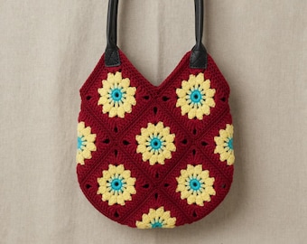 Modello per borsa quadrata all'uncinetto "Daisy Grandma" / Borsa tote boho con fiori (download PDF)