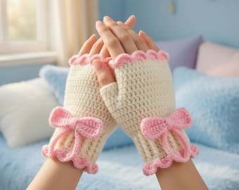Crochet Fingerless Gloves Pattern PDF — Bow Mitts Instant Download Easy