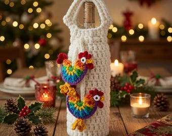 Crochet Rooster Wine Bottle Cozy Pattern | Farmhouse Kitchen Decor (PDF Download)