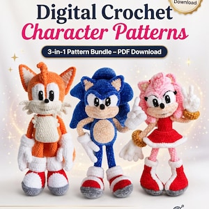 May include: A digital crochet pattern bundle featuring three plush characters: an orange fox with two tails, a blue hedgehog, and a pink hedgehog. The text reads Devnixo Digital Crochet Character Patterns 3-in-1 Pattern Bundle - PDF Download.