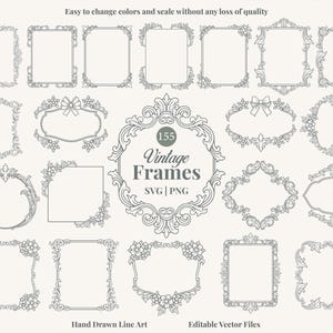 Puede incluir: Una colección de 155 diseños de marcos vintage en escala de grises. Los marcos varían en forma y estilo, incluyendo diseños rectangulares, ovalados y circulares, con adornos florales y lazos. El texto incluye "Vintage Frames" y "Hand Drawn Line Art".