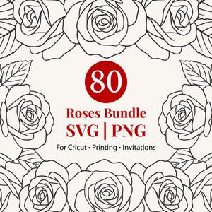 Ros Clipart Bundle SVG PNG – 80 blommiga linjeteckningar för bröllopsinbjudningar, logotyp och Cricut-design