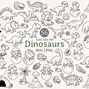 Op de afbeelding: Een verzameling van 56 schattige lijntekeningen van dinosaurussen in zwart en wit. De afbeelding bevat verschillende dinosaurussen, dinosauruseieren, vulkanen en andere prehistorische elementen. De tekst "Cute Line Art Dinosaurs" is ook aanwezig.