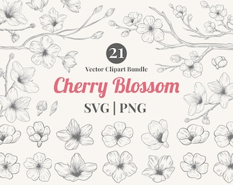Cherry Blossom SVG PNG | Hand Drawn Sakura Flower Line Art Clipart