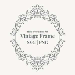 Könnte beinhalten: Ein handgezeichneter, ovaler Vintage-Rahmen in Grau mit aufwendigen Schnörkeln und dem Text "Vintage Frame SVG | PNG". Der Rahmen befindet sich vor einem hellbeigen Hintergrund, geeignet für digitale Kunst oder Designprojekte.