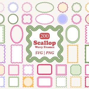 May include: A collection of various colorful scalloped and wavy frames in rectangular, oval, and circular shapes. The central frame features the text 200 Scallop Wavy Frames SVG | PNG in red and dark green, showcasing diverse border styles.
