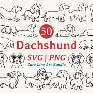 Può includere: Una collezione di 20 illustrazioni di bassotti in bianco e nero in varie pose. La parola "Dachshund" è in rosso, con "SVG | PNG" e "Cute Line Art Bundle" sotto. Le illustrazioni includono cani con accessori.