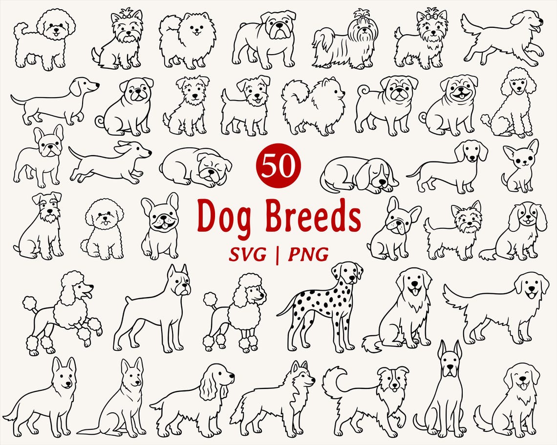 Dog Breed Clipart SVG PNG Bundle – Cute Dog Line Art for Cricut Cut ...