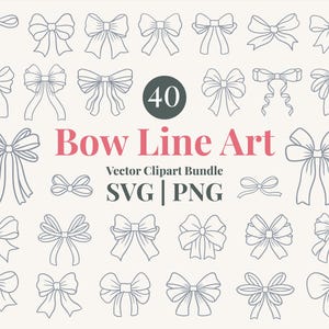 Pode incluir: Uma coleção de 40 desenhos de laços em arte linear, em vários estilos. Os laços são cinza claro, com as palavras "Bow Line Art" em rosa e o número "40" em um círculo verde. A imagem também inclui "Vector Clipart Bundle SVG | PNG".