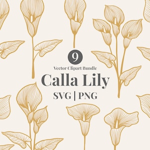 May include: A vector clipart bundle featuring nine calla lily illustrations in a gold color, with detailed line art. The text "Calla Lily SVG | PNG" is displayed in a dark gray font, with the number "9" in a circle above the text.