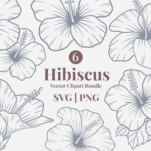 May include: A digital illustration of six grey hibiscus flower outlines on a light grey background. The image includes the text "6 Hibiscus Vector Clipart Bundle SVG | PNG", ideal for digital art projects.