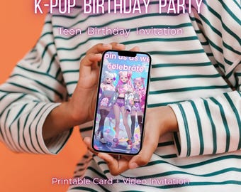 K-Pop Birthday Invitation for Girls | Printable Card + Video Invite | Anime Idol Party | Kpop Birthday Invite | Anime Theme party