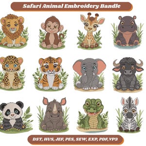 Könnte beinhalten: Eine Sammlung von Stickmustern mit Safari-Tieren, darunter ein Löwe, ein Affe, eine Giraffe, ein Nilpferd, ein Leopard, ein Tiger, ein Elefant, ein Büffel, ein Panda, ein Nashorn, ein Krokodil und ein Zebra. Der Text "Safari Animal Embroidery Bundle" steht oben.