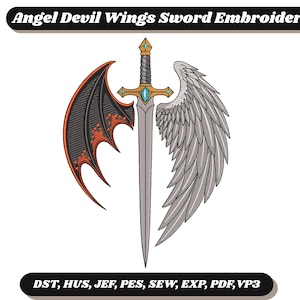 Puede incluir: Diseño de bordado con una espada flanqueada por un ala de ángel y un ala de diablo. La espada tiene una empuñadura dorada y una gema azul. El ala del diablo es negra y roja, el ala del ángel es blanca. Texto: "Angel Devil Wings Sword Embroidery".
