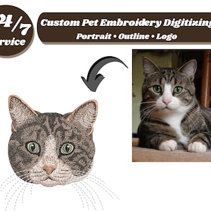 Può includere: Immagine che promuove servizi di digitalizzazione di ricami personalizzati per animali domestici. Mostra un volto di gatto ricamato accanto a una fotografia di un gatto. Il testo include "24/7 Service" e "Custom Pet Embroidery Digitizing Portrait • Outline • Logo."