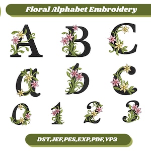 May include: A collection of floral alphabet embroidery designs. The letters A, B, C, a, b, c, and numbers 0, 1, 2, and 3 are displayed in black, each adorned with colorful floral arrangements. The text "Floral Alphabet Embroidery" is at the top.