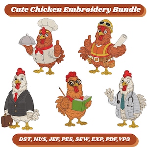 May include: A digital embroidery bundle featuring six cartoon chickens in various professions. The chickens are depicted as a chef, construction worker, businessman, teacher, and doctor. The text "Cute Chicken Embroidery Bundle" is displayed at the top.