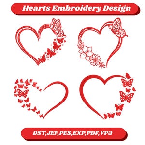 Diseño de bordado de corazón de mariposa / Bordado a máquina de San Valentín / Varios tamaños