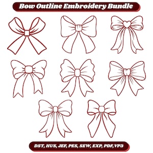 Puede incluir: Un conjunto de diseños de bordado digital que presenta ocho contornos de lazos de color rojo oscuro distintos. La imagen incluye el texto "7 sizes" y "Bow Outline Embroidery Bundle" junto con una lista de formatos de archivo: DST, HUS, JEF, PES, SEW, EXP, PDF, VP3.