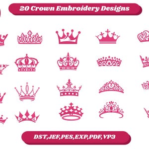 Könnte beinhalten: Darstellung von 20 pinkfarbenen Kronen-Stickmustern in verschiedenen Stilen, darunter Diademe und verzierte Kronen. Der Text "20 Crown Embroidery Designs" und "9 sizes" ist ebenfalls enthalten. Die Designs sind in den Formaten DST, JEF, PES, EXP, PDF und VP3 verfügbar.