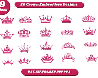 20 Crown Embroidery Designs | Machine Embroidery Files | 9 Sizes | Instant Download