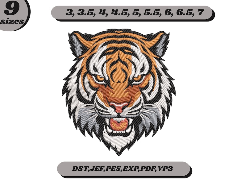 Broderidesign med vild tigerhuvud | Maskinbroderifil | 9 storlekar | Direkt nedladdning bild 2