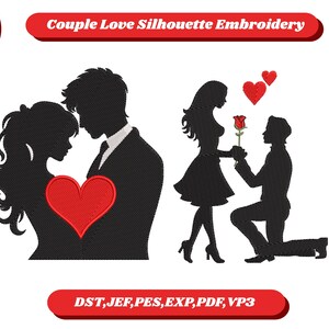Couple Love Silhouette Machine Embroidery Design | Valentine Proposal Pattern | Digital Download | Multi Size