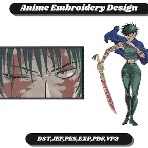 Puede incluir: Diseño de bordado de anime con dos imágenes distintas. Una es un primer plano de los ojos de un personaje, y la otra es una ilustración de cuerpo completo de un personaje con una espada. Incluye el texto "Anime Embroidery Design."