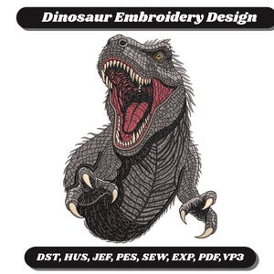 Broderidesign med dinosaurier, T-Rex maskinfil, realistiskt dinosauriebroderimönster.