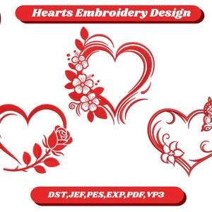 Diseño de bordado de corazones / Archivo de bordado a máquina de corazón floral / Amor de San Valentín / 5 tamaños