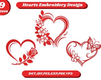 Motif de broderie coeurs | Fichier de broderie Machine coeur floral | Amour Saint-Valentin | 5 tailles