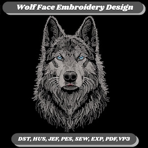 Diseño de bordado de lobo, archivo PES de rostro realista, patrón de bordado a máquina de animales.
