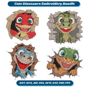 Pode incluir: Um pacote de designs de bordado com quatro dinossauros de desenho animado em vermelho, verde, azul e laranja, cada um rompendo uma parede de pedra rachada. O texto diz Cute Dinosaurs Embroidery Bundle e lista os formatos DST, HUS, JEF, PES, SEW, EXP, PDF, VP3.