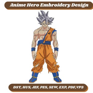 May include: An orange and blue anime hero embroidery design. The character has spiky silver hair, an orange outfit with blue accents, and blue boots. The design is labeled "Anime Hero Embroidery Design" and includes file type information.