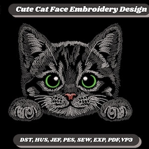 Svart kattbroderidesign, kattungeansikte, realistisk kattmaskinfil