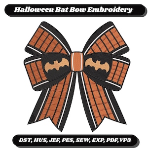 May include: An embroidery design of a bow featuring orange and black striped patterns with small bat silhouettes. The text reads Halloween Bat Bow Embroidery, 7 sizes, and file formats DST, HUS, JEF, PES, SEW, EXP, PDF, VP3.