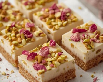 Receta de barras de chocolate blanco con pistacho y rosas / Postre floral suave y cremoso / Regalo de San Valentín (PDF)