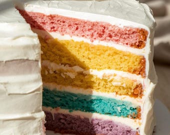 Receta de pastel de capas arcoíris / Postre de celebración con corte y revelación (PDF)