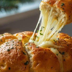 Könnte beinhalten: Nahaufnahme eines Brotgerichts zum Auseinanderziehen mit geschmolzenem Käse. Das goldbraune Brot ist mit Kräutern bestreut. Ein Stück Brot wird abgezogen und gibt den klebrigen, geschmolzenen Käse frei. Das Gericht ist eine herzhafte Vorspeise.