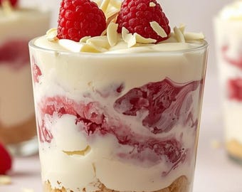 Receta de Vasitos de Nube de Frambuesa y Chocolate Blanco / Vasitos de Postre Suaves y Cremosos / Regalo de San Valentín (PDF)