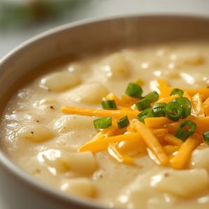 May include: A close-up shot of a creamy potato soup in a beige bowl. The soup is topped with shredded cheddar cheese and chopped green onions. The soup has visible chunks of potatoes.
