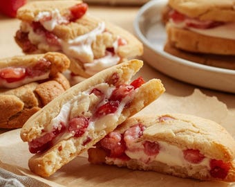 Receta de galletas rellenas de tarta de queso y fresas / Galletas suaves de panadería con centro cremoso / Postre fácil en PDF