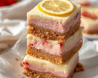 Receta de barras de crema de limonada de fresa / Barras de postre de limón rosa brillante / Fácil sin horno (PDF)